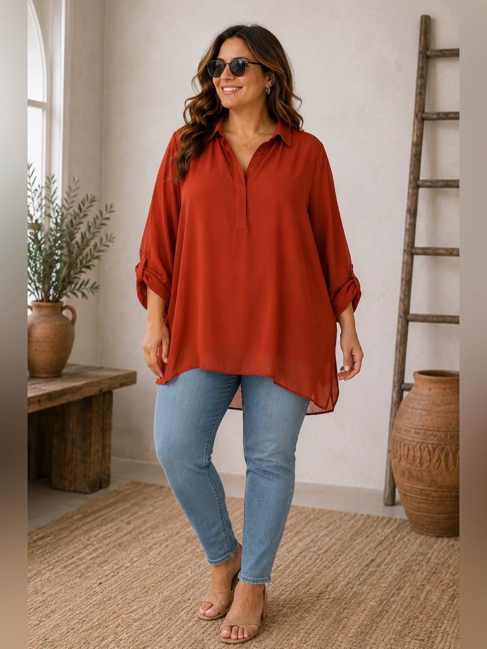 Simply Emma Burnt Orange Tunic Surplus Chiffon Top Size 3X